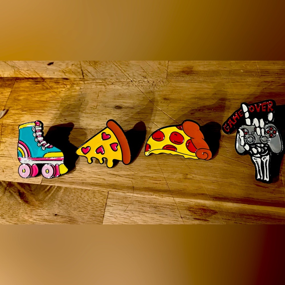 Lot of 4 Enamel pins pizza skates video games!